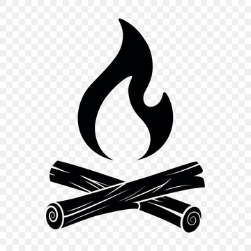 Campfire Icon with Flame and Crossed Logs, Vector Illustration. Black Bonfire and Firewood Silhouette Isolated. Camping, Hiking, Outdoor Adventure and Campsite Vector Illustration