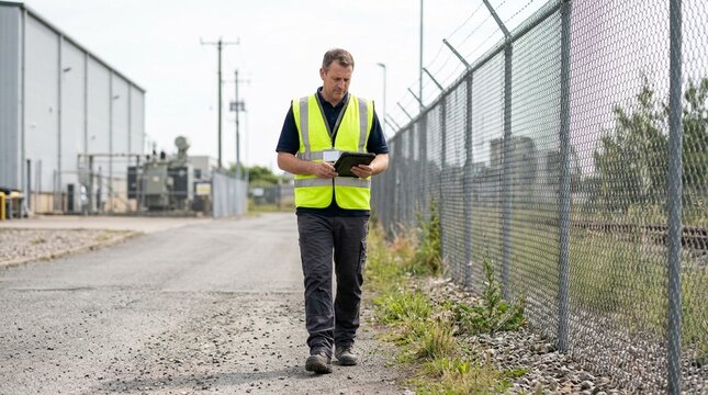 Facility Manager with Tablet and Lanyard Walking Perimeter Path Near Security Fence, Site Inspection