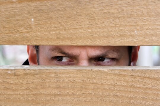 Suspicious Man Peeking Through A Gap In A Wooden Privacy Fence With Intense Eyes, Concept Of Spying And Surveillance
