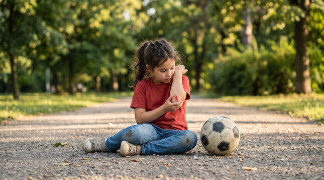 Injured child with scraped elbow sits with soccer ball, representing childhood resilience and overcoming setbacks in sports
