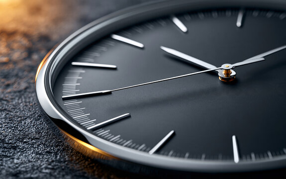 A close up of a minimalist black clock with metallic hands and markers set against a dark textured surface under soft lighting