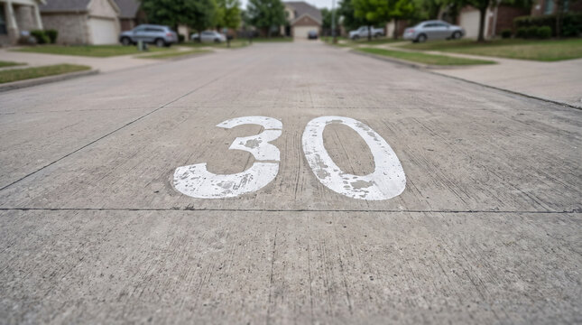Speed limit 30 sign painted on asphalt street in suburban neighborhood, representing regulated traffic and residential safety