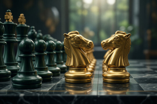 Two Gold Chess Knights Facing Each Other on a Dark Marble Chessboard with Green Chess Pieces, Strategy and Competition