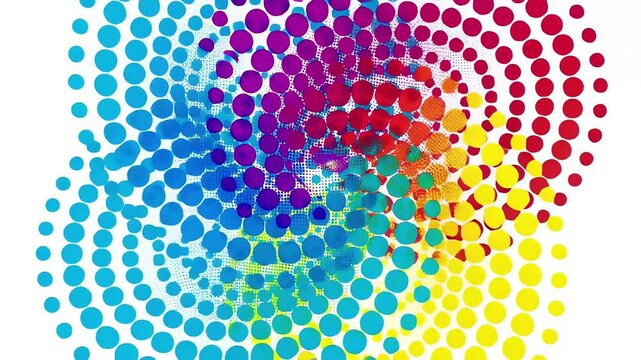 Vibrant abstract CMYK halftone pattern with shifting cyan magenta and yellow dots moving on a clean white background mesh