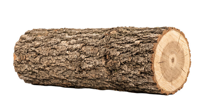 Rough-barked timber log with a freshly cut end and visible concentric tree rings isolated