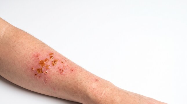 Macro view of staphylococcus infection on arm skin, pediatric dermatology medical image