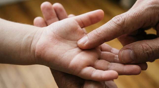 Close-up of caring adult finger touching child's palm with dry skin rash, promoting dermatology and skin health awareness