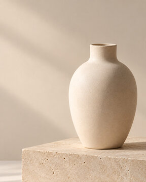 Minimalist Cream Ceramic Vase with Rounded Body and Narrow Neck on a Warm Beige Surface, Elegant Neutral Home Decor Product Photography