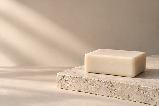 Minimalist Cream Soap Bar on a Natural Stone Surface with Warm Neutral Tones and Soft Studio Lighting