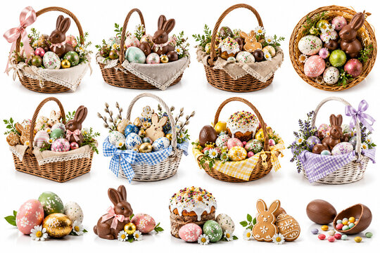 photograph of woven Easter baskets filled with food and spring plants, captured from various angles against a white background