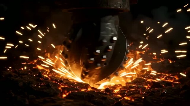 Tricone drill bit boring into glowing molten rock with flying sparks, heavy industry close up