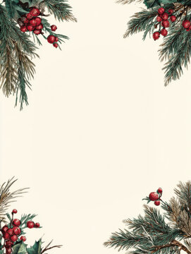 Vintage Christmas holiday frame with holly, pine, and berries