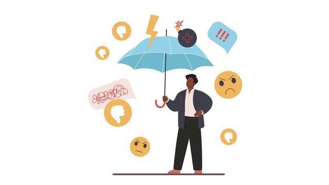 Criticism protection concept with a man holding an umbrella as angry faces, dislikes and hostile speech bubbles appear around him, isolated on white background animated illustration