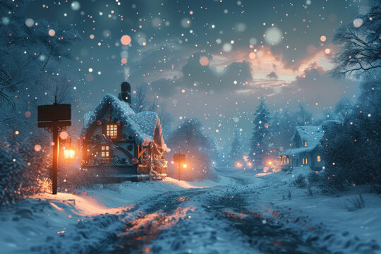 Snowy winter wonderland village.