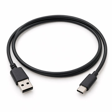 Black USB-A to USB-C Charging and Data Cable Arranged in a Neat Oval Loop on a White Background
