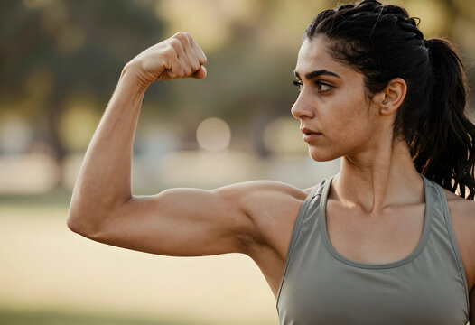empowerment and strength, fit woman flexing arm muscles to show physical health and confidence during outdoor fitness training in a park