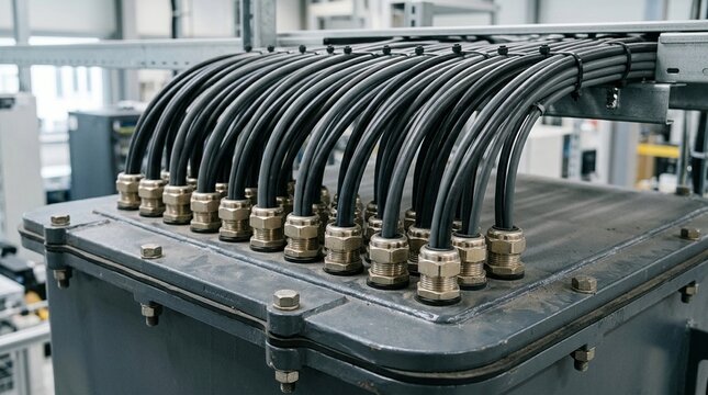 Cables entering immersion cooling tank through sealed glands on the lid in neat parallel lines