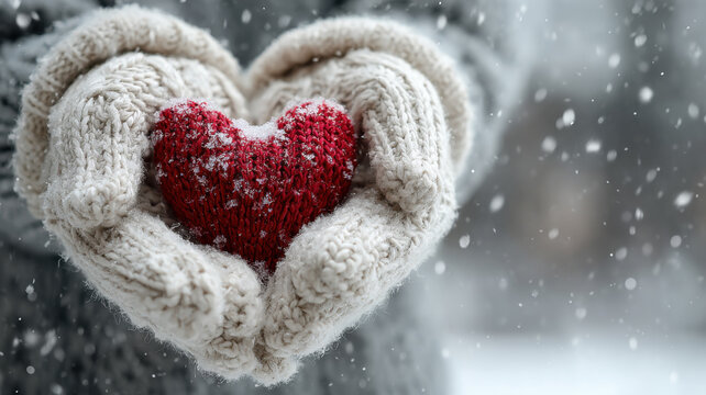 Hands in knitted mittens holding red heart in snowfall