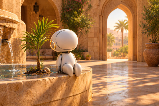 Friendly Robot Resting By Sandstone Fountain In Quiet Egyptian Courtyard