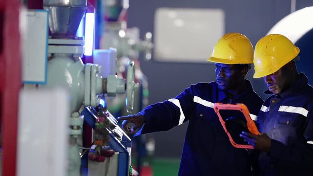 African engineer points at the compressor control panel while his colleague holds a rugged tablet, seen past a blurred red pillar in the refrigeration plant in Thailand