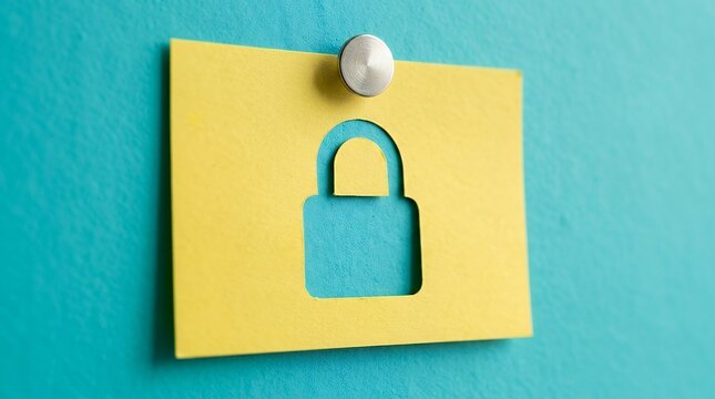 Metallic safety push pin securing yellow paper sheet note with cut out lock silhouette shape placed over bright monochrome background privacy protection personal data information security concept
