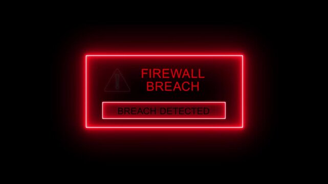 High-tech dashboard interface displays a firewall breach alert, showing unauthorized access, on a black background. motion graphic of a cybersecurity warning concept.