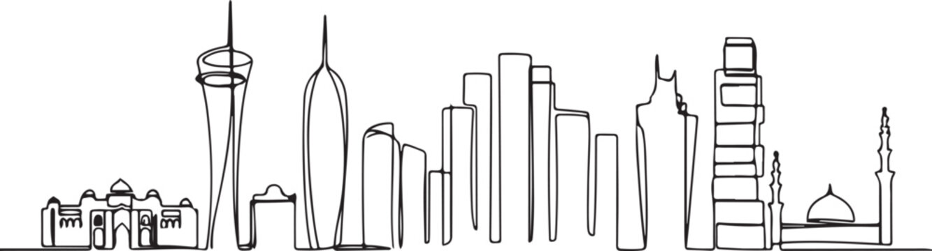 Doha Qatar skyline continuous one line drawing black and white vector illustration. one line Icon drawing