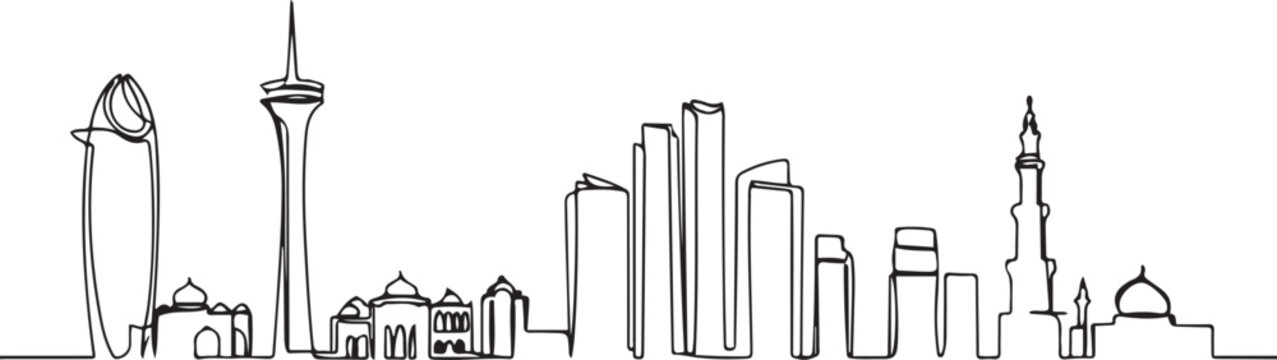 Doha Qatar skyline continuous one line drawing black and white vector illustration. one line Icon drawing