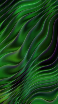 Emerald 3D liquid glass waves flow in smooth diagonal folds like aloe leaves. Glossy green texture with a subtle purple glow on the edges. Vertical nature background for mobile. 4K 60fps loop.