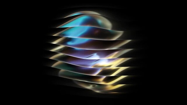 Black abstract gradient background with a metallic reflective sphere shape. Blue, gold and pink colors slowly flicker through horizontal wavy slices. Minimal blurred VJ loop. 4K 60fps endless cycle.