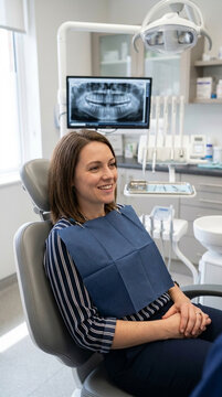 Smiling Woman Patient in Dental Chair with X ray Displayed Healthy Teeth Concept