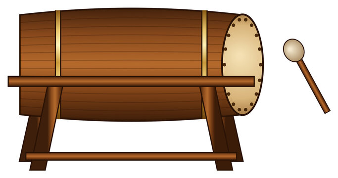 Traditional bedug drum with wooden stand and mallet isolated