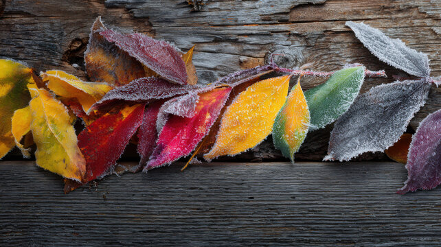 Frozen autumn leaves on rustic wooden background with copy space