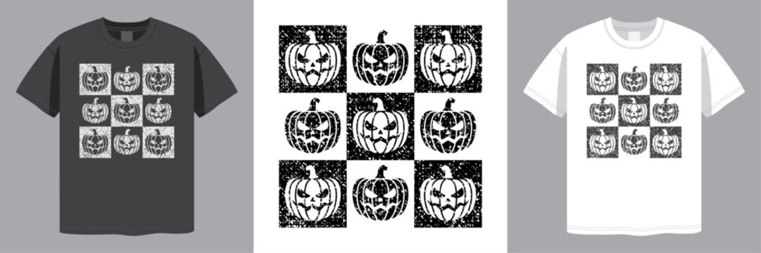 Funny Halloween Pumpkins.  Checkered Design. Distressed Grunge Style. T-shirt design. Laser Engraving. Vector illustration.