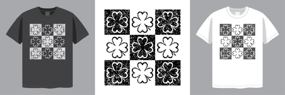 Clover Luck Symbol. Modern Checkered Design. St Patrick's Day. Distressed Grunge Style. T-shirt design. Laser Engraving. Vector illustration.
