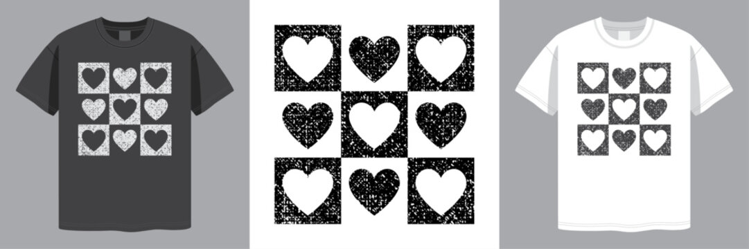 Hearts Checkered Design. Love, Valentine's Day Themed. Distressed Grunge Style. T-shirt design. Laser Engraving. Vector illustration.