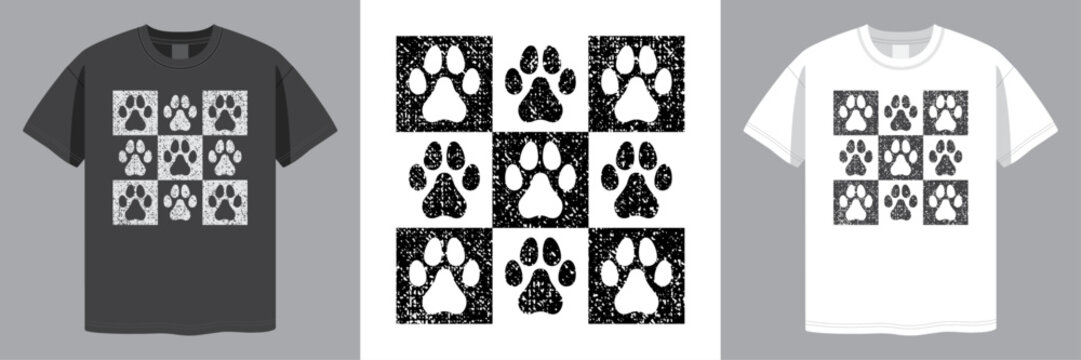 Dog Paw Checkered Design. Doggy Paw Print. Distressed Grunge Style. T-shirt design. Laser Engraving. Vector illustration.