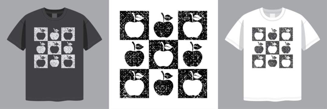 Apple Checkered Design. School and Teacher Concept. Distressed Grunge Style. T-shirt design. Laser Engraving. Vector illustration.