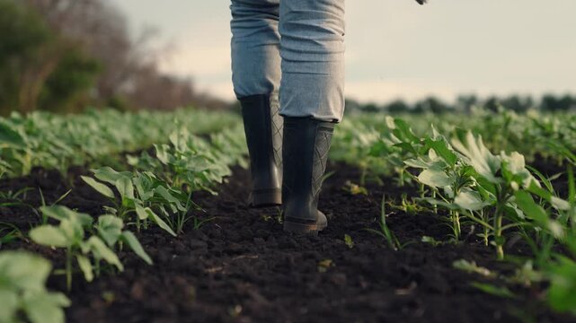 Agriculture, Farm technology adoption, Precision agriculture, Inspecting young plants, Farm boots on black soil, Female farmer with tech, Agriculture in the digital age, Green rows of plants, Emerging