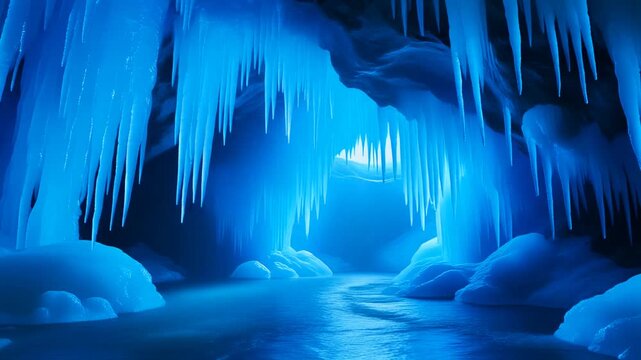 澄み渡る深い青の氷世界で滴り落ちるつららと降り注ぐ水滴が極寒の自然美と冷徹な静寂を創り出すパノラマ