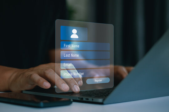 Online registration form on a laptop showing digital identity verification, user account creation, contact information entry, and secure customer data collection for websites and online services.