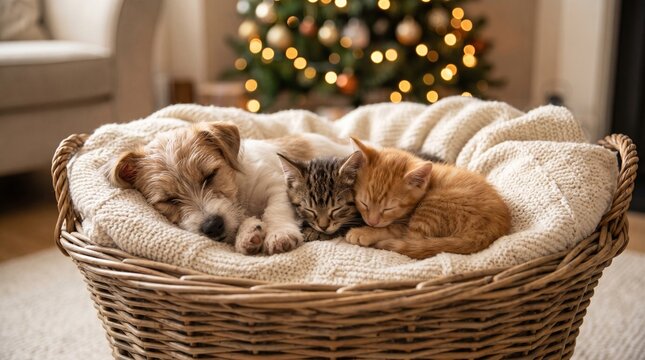 Cute puppy and two kittens sleeping together in a cozy basket with Christmas tree lights background