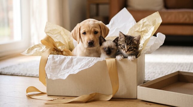 Adorable puppy and two kittens sitting inside a gift box with a golden ribbon