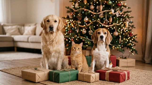 Golden Retriever, Beagle and ginger cat sitting with Christmas gifts in front of a decorated tree