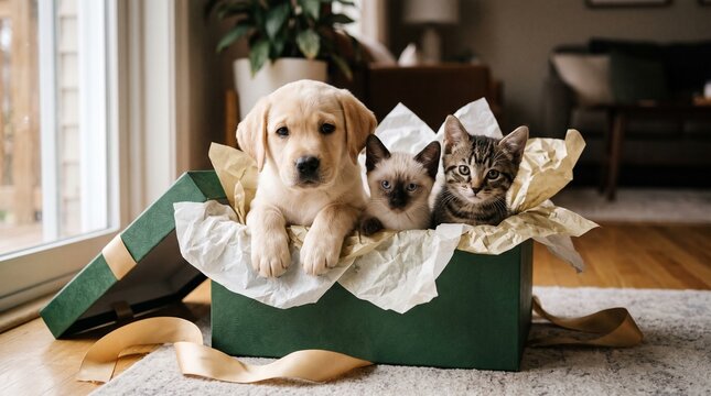 Adorable Labrador puppy and two kittens sitting inside a green gift box