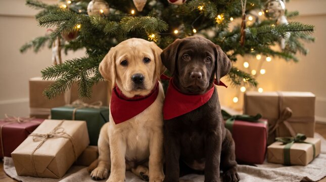 Two cute Labrador retriever puppies with red bandanas sitting under a decorated Christmas tree
