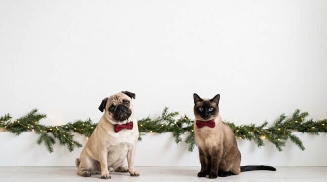Cute pug dog and Siamese cat wearing red bow ties with Christmas garland decoration