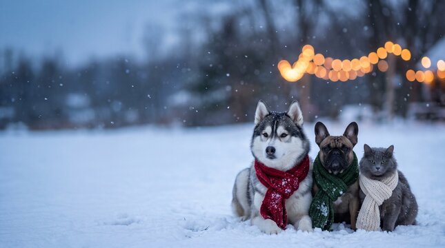 Siberian Husky, French Bulldog and cat wearing scarves sitting in the snow during winter