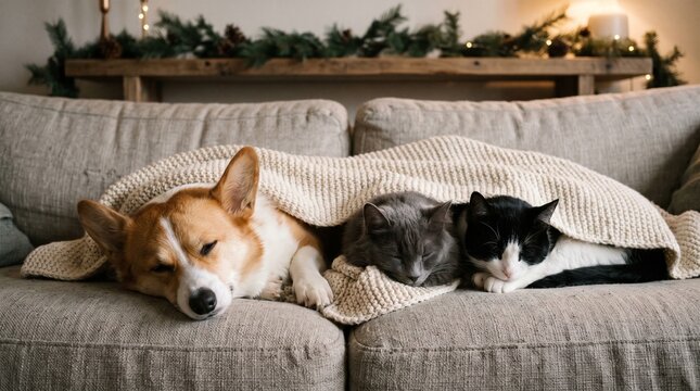 Corgi dog and two cats sleeping together under a cozy blanket on a sofa