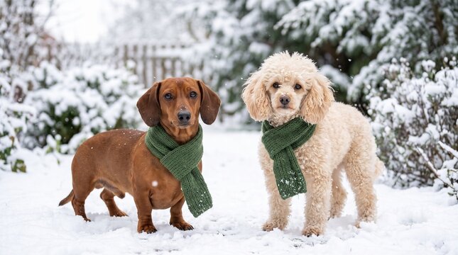 Two dogs wearing green knitted scarves standing in the snow during winter